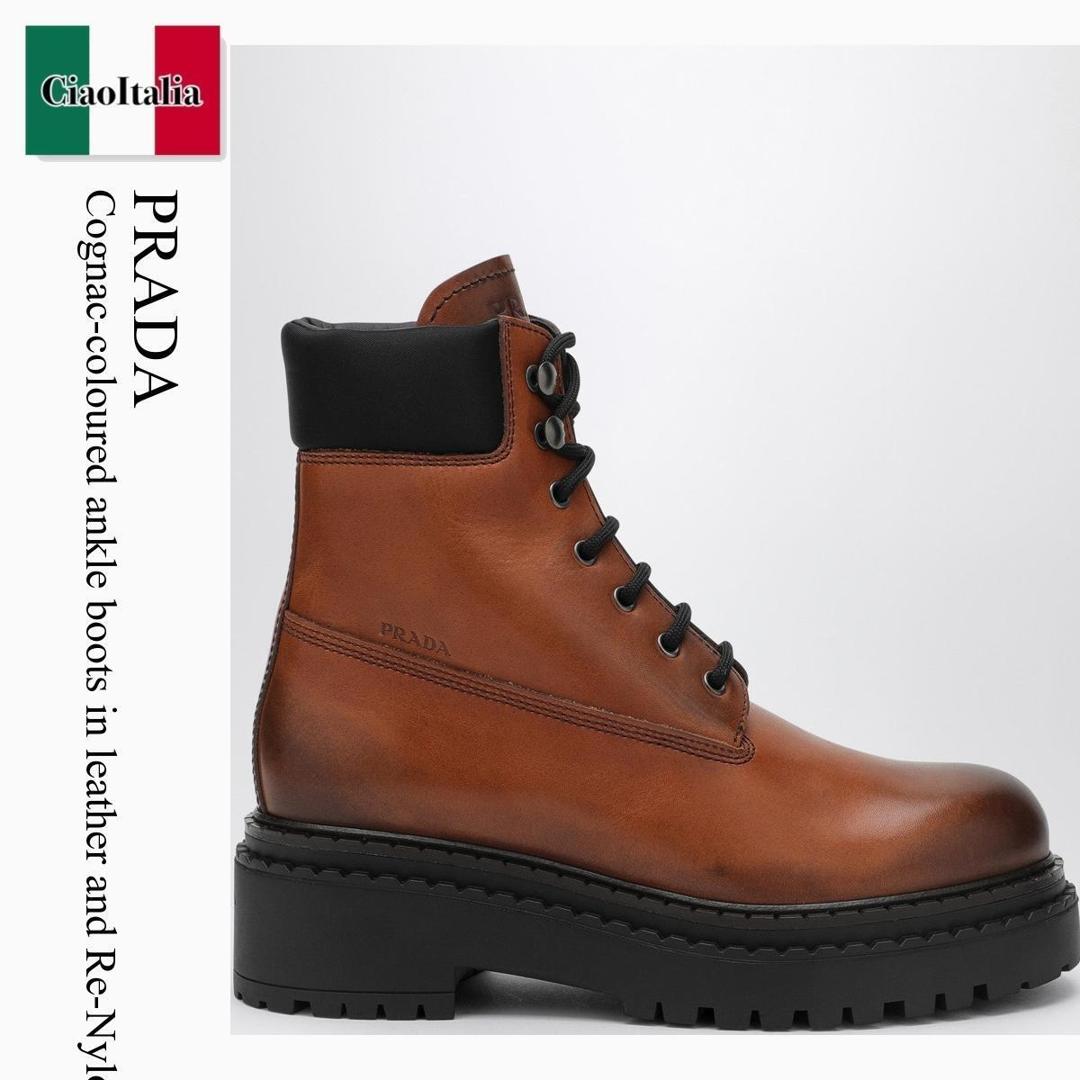 【物量制限事項・店卸し資産極限点・早め者制覇！】 プラダ / Prada Cognac-Coloured Ankle Boots In Leather And Re-Nylon / 1T704N F0046 / 1T704N G0553LPP F0046 / 1T704NG0553LPPF0046 / ショートブーツ・ブーティ