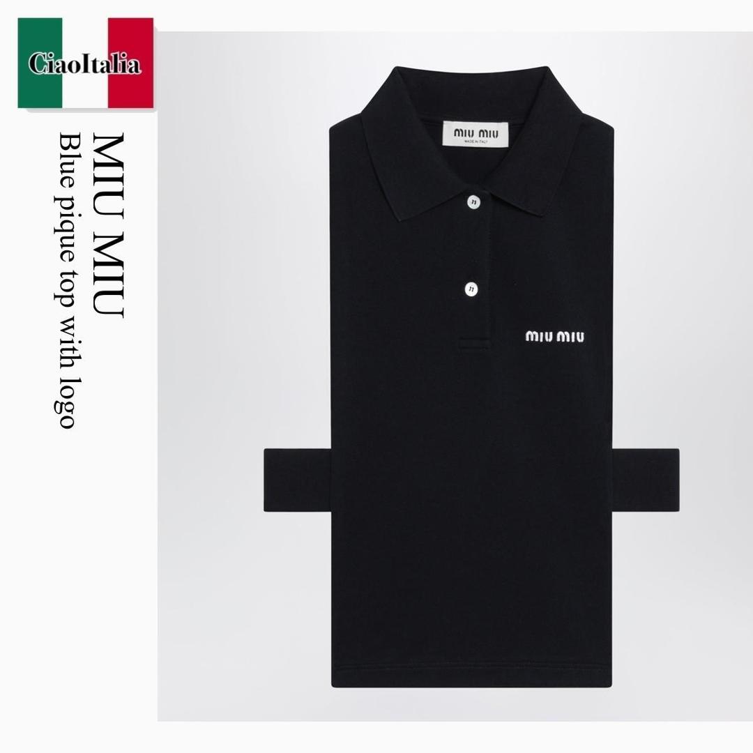 【寸法押さえる・店卸し資産境界線・早め者制覇！】 ミュウミュウ / Miu Miu Blue Pique Top With Logo / MJT738 F0008 / MJT738 OOO14RW F0008 / MJT738OOO14RWF0008 / トップス余分の物