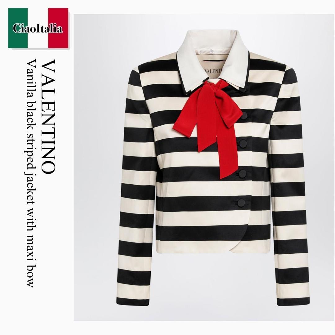 【寸法押さえる・店卸し資産境界線・早め者制覇！】 バレンチノ / Valentino Vanilla Black Striped Jacket With Maxi Bow / 9B3CE5W3ACM / 9B3CE5W3ACM 3G5 / 9B3CE5W3ACM3G5 / 上衣