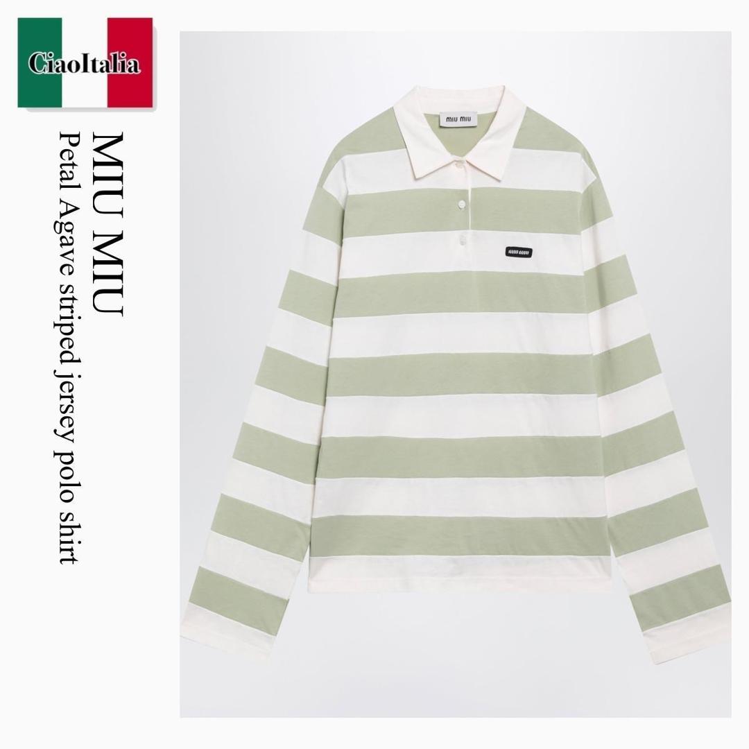 【寸法押さえる・店卸し資産境界線・早め者制覇！】 ミュウミュウ / Miu Miu Petal Agave Striped Jersey Polo Shirt / MJLA60 F05KA / MJLA60 OOO195L F05KA / MJLA60OOO195LF05KA / スポーツシャツ