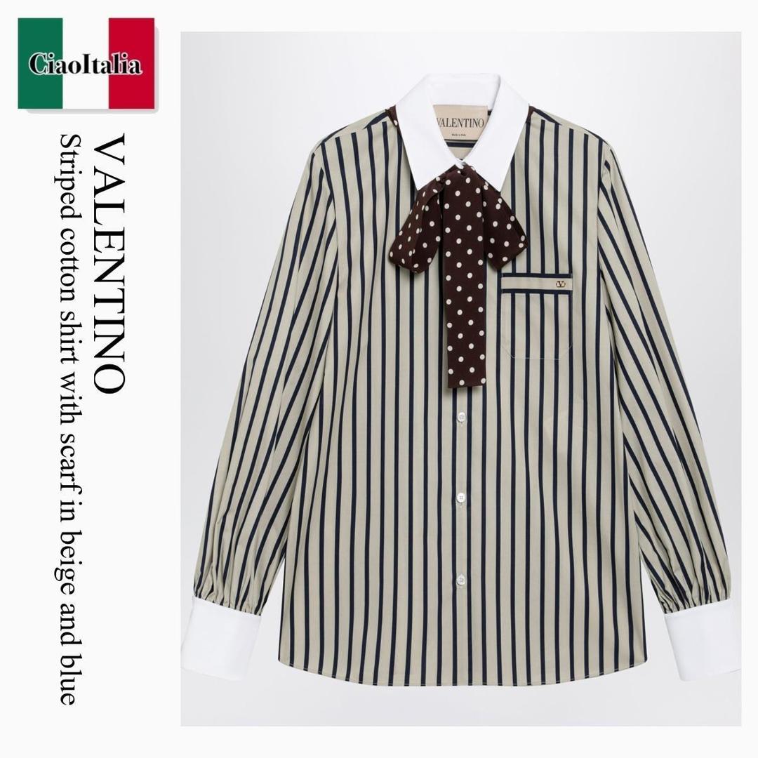 【数量限定・在庫限り・早い者勝ち！】 バレンチノ / Valentino Striped Cotton Shirt With Scarf In Beige And Blue / 9B3AB8J7AC4 / 9B3AB8J7AC4 V1G / 9B3AB8J7AC4V1G / ブラウス・シャツ｜Ciao Italia