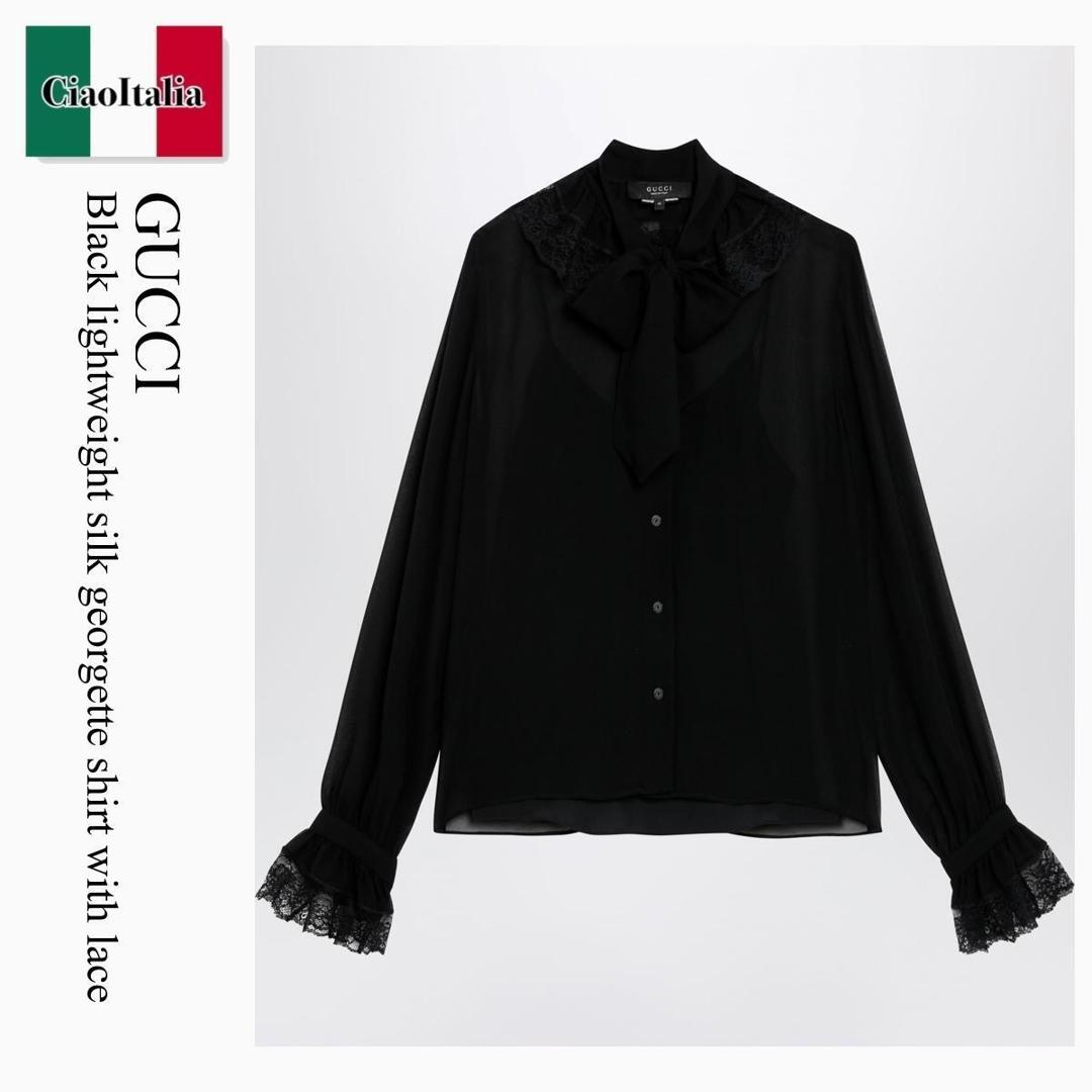 【数量限定・在庫限り・早い者勝ち！】 グッチ / Gucci Black Lightweight Silk Georgette Shirt With Lace / 876365 ZHS04 / 876365 ZHS04 1000 / 876365ZHS041000 / ブラウス・シャツ｜Ciao Italia