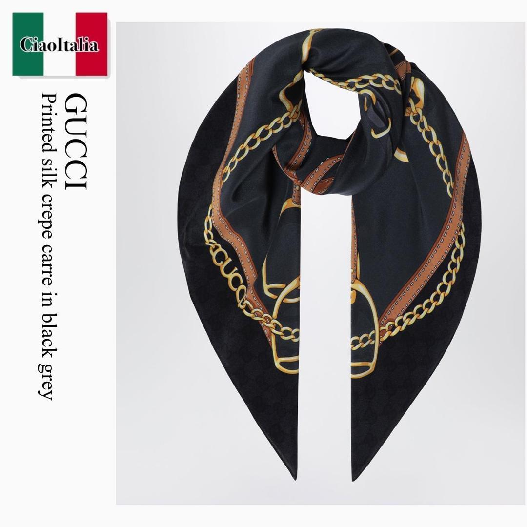 【物量制限事項・店卸し資産極限点・早め者制覇！】 グッチ / Gucci Printed Silk Crepe Carre In Black Grey / 874230 3G005 / 874230 3G005 1063 / 8742303G0051063 / えり巻き