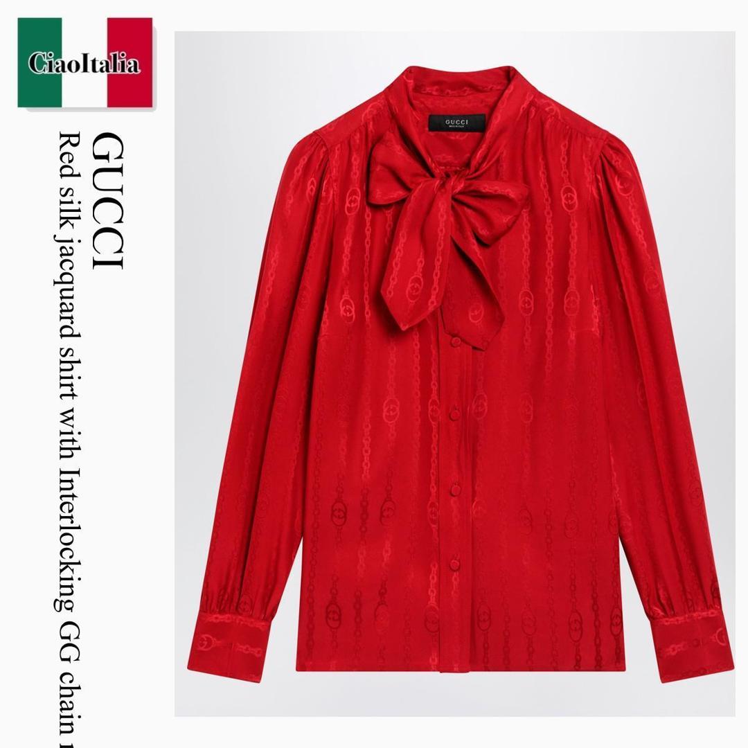 【数量限定・在庫限り・早い者勝ち!】 グッチ / Gucci Red Silk Jacquard Shirt With Interlocking Gg Chain Mot / 865102 ZAM48 / 865102 ZAM48 6199 / 865102ZAM486199 / ブラウス・シャツ|Ciao Italia
