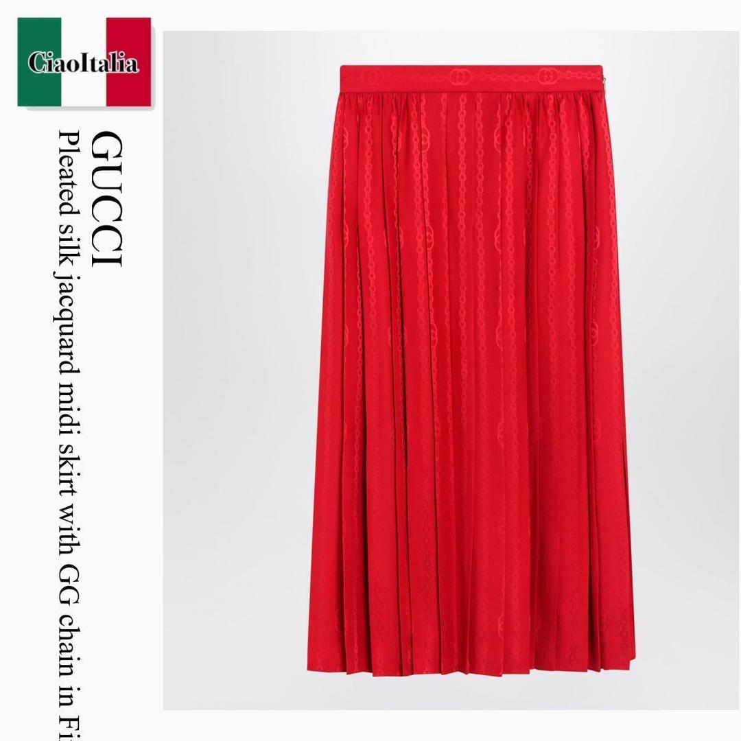 【数量限定・在庫限り・早い者勝ち!】 グッチ / Gucci Pleated Silk Jacquard Midi Skirt With Gg Chain In Fire / 865115 ZAM48 / 865115 ZAM48 6199 / 865115ZAM486199 / スカート|Ciao Italia