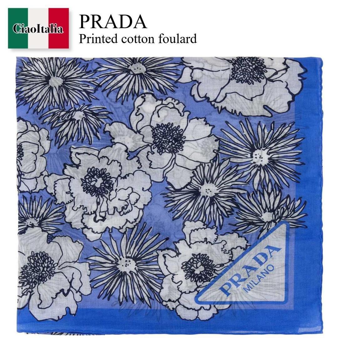 PRADA プリント シルク スキニー スカーフ 花 水玉 ロゴ 大人気】PRADA◇シルク 花柄プリント スキニースカーフ ロゴ付