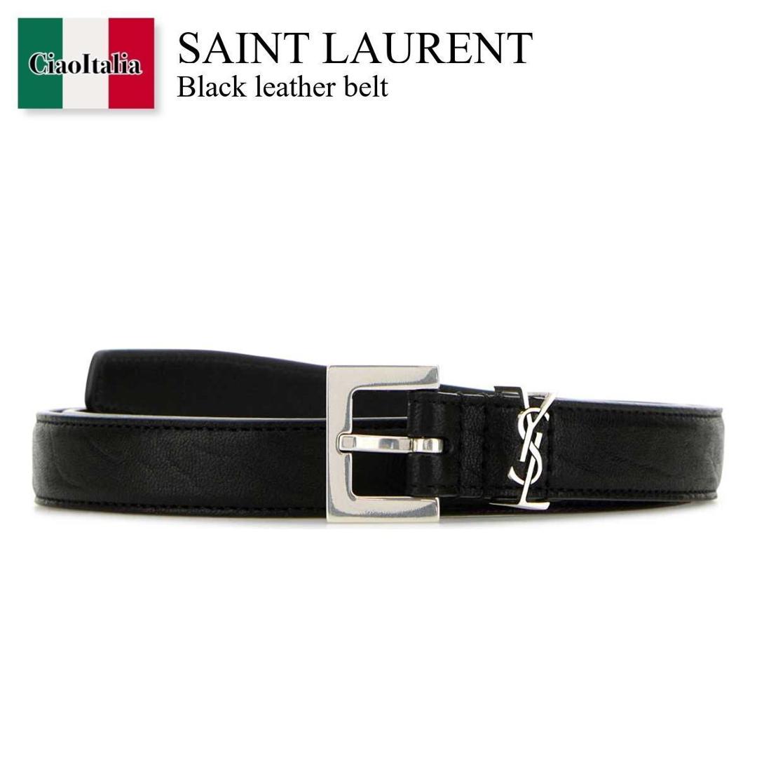 イヴ・サンローラン Yves Saint Laurent 黒レザーベルト モノグラム ベルト（スクエアバックル/スムースレザー） | Saint