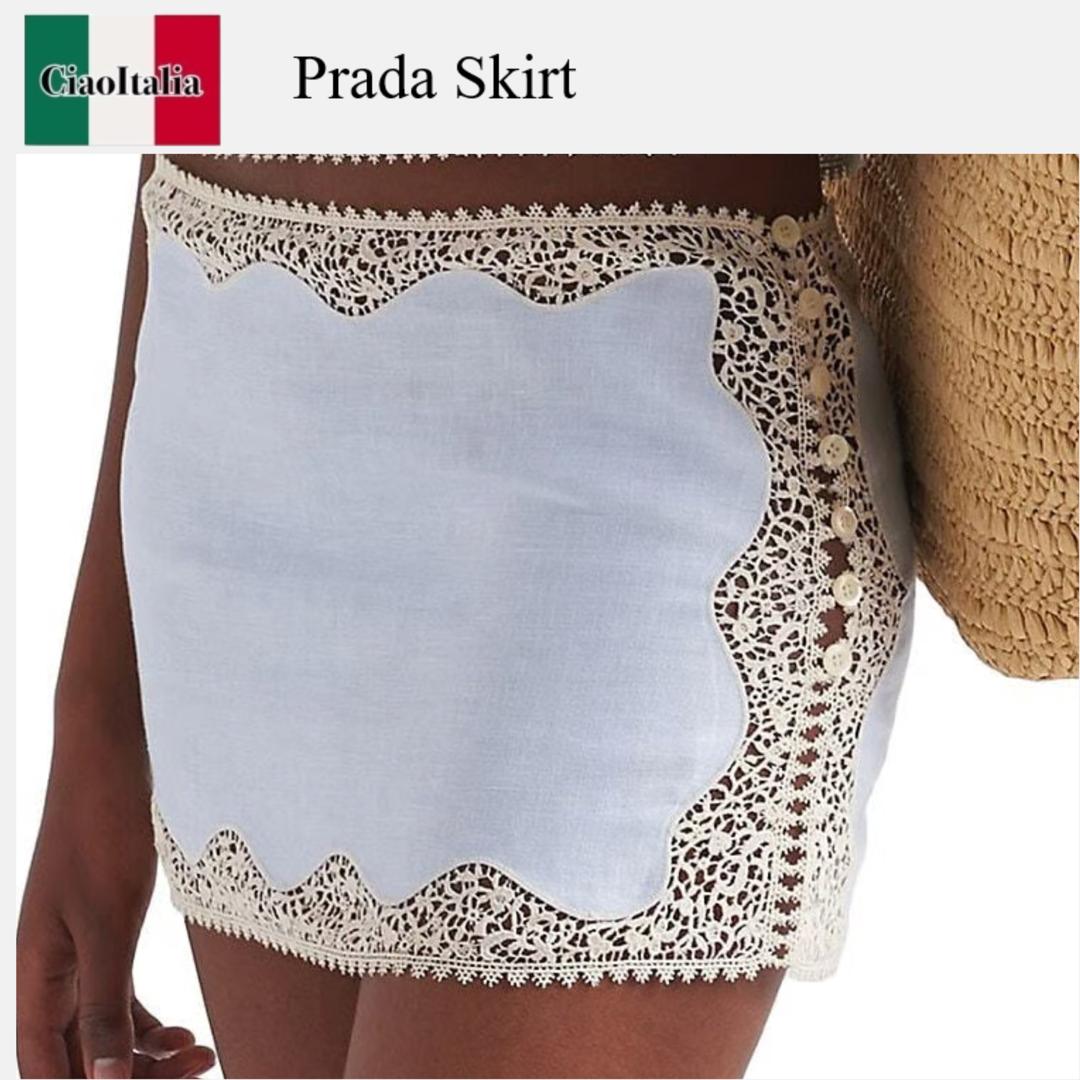 【数量限定・在庫限り・早い者勝ち！】 プラダ / Prada　Embroidered, Lace-Trimmed Linen Miniskirt / P158KR F0012 / P158KR SOOO15A5 F0012 / P158KRSOOO15A5F0012 / ミニスカート｜Ciao Italia