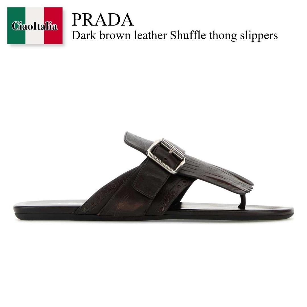 【数量限定・在庫限り・早い者勝ち！】 プラダ / Prada Dark Brown Leather Shuffle Thong Slippers / 1Y961N F0003 / 1Y961N FA005070 F0003 / 1Y961NFA005070 / 1Y961NFA005070 F0003 / 1Y961NFA005070F0003 / サンダル・ミュール画像