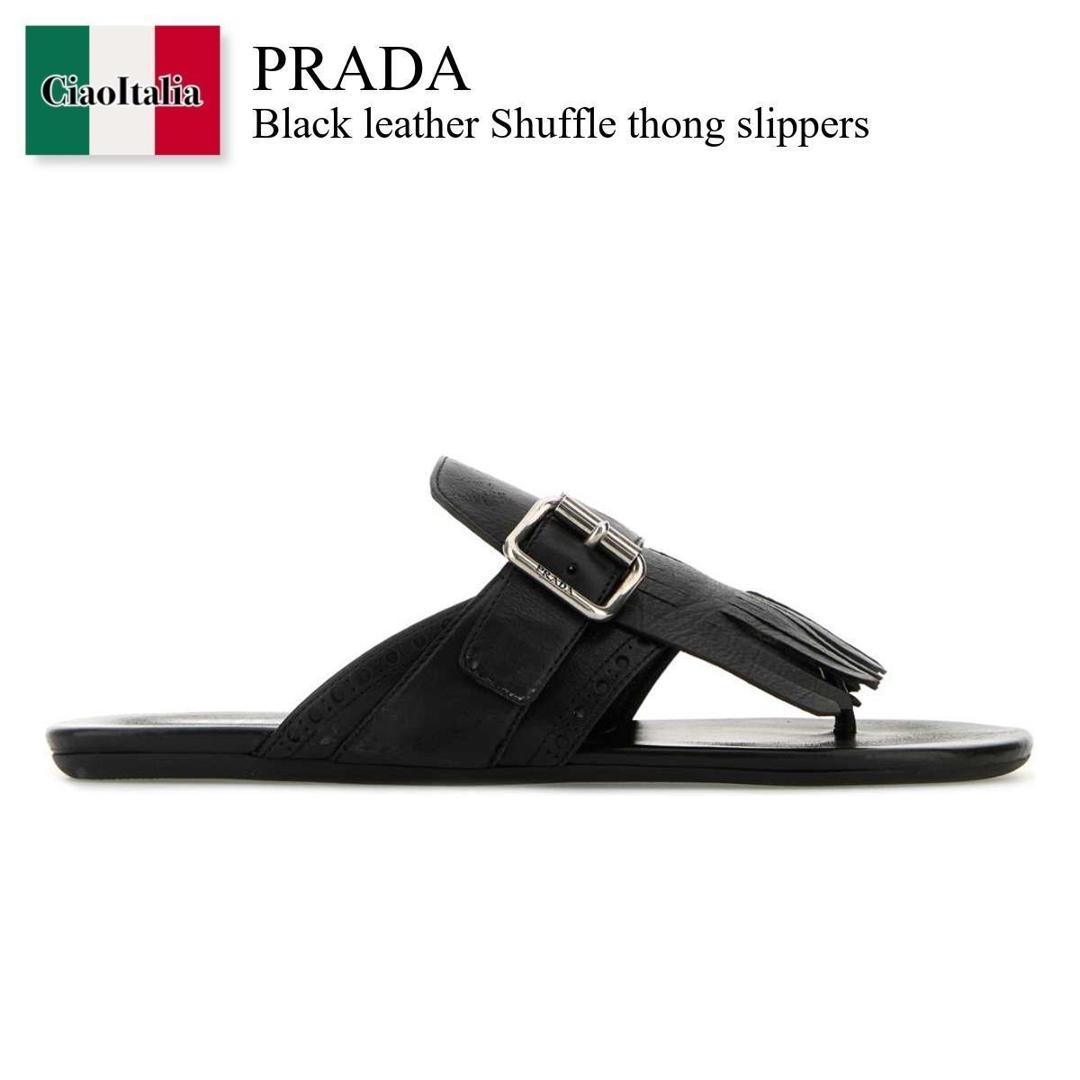 【数量限定・在庫限り・早い者勝ち！】 プラダ / Prada Black Leather Shuffle Thong Slippers / 1Y961N F0002 / 1Y961N FA005070 F0002 / 1Y961NFA005070 / 1Y961NFA005070 F0002 / 1Y961NFA005070F0002 / サンダル・ミュール画像