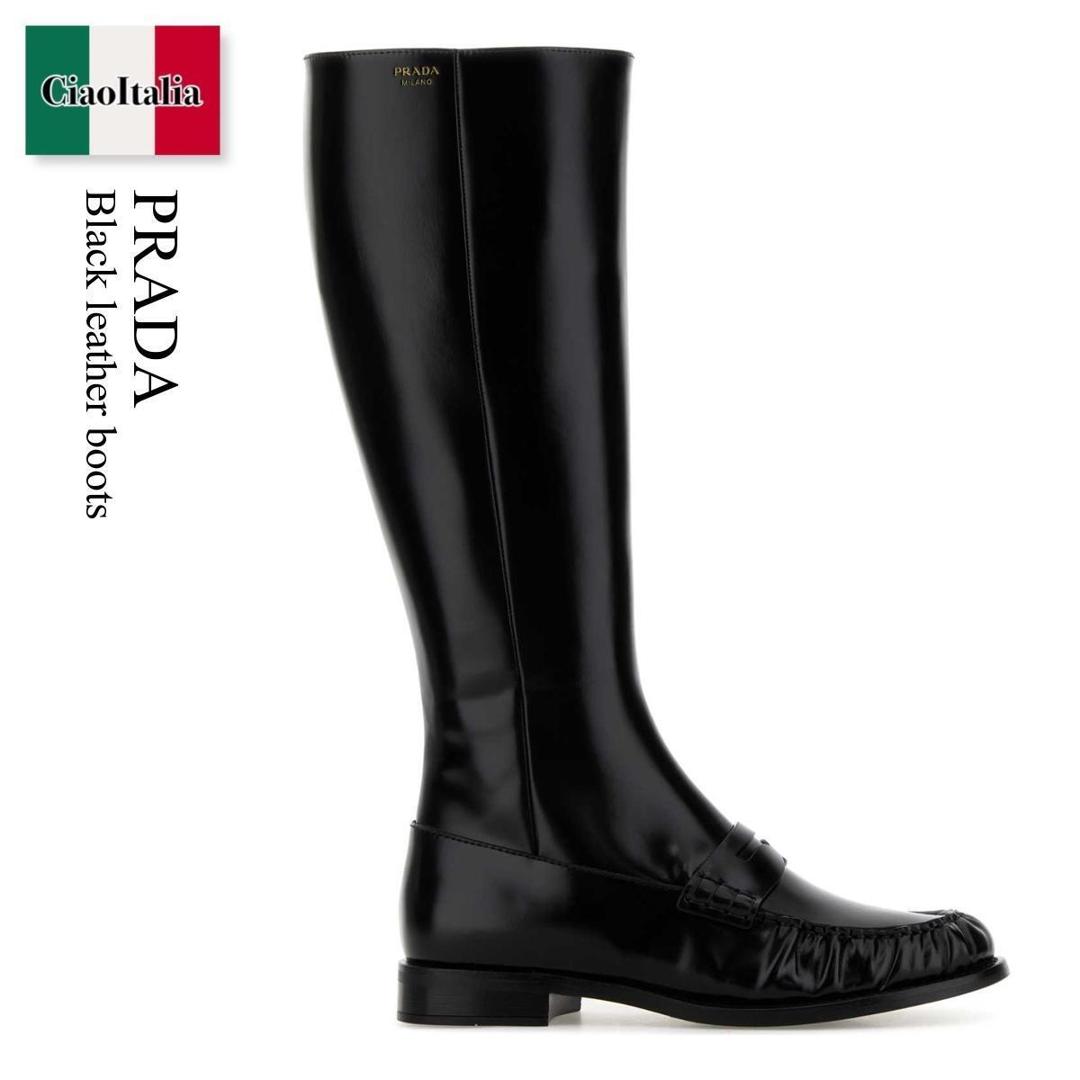 【寸法押さえる・店卸し資産境界線・早め者制覇！】 プラダ / Prada Black Leather Boots / 1W201O F0002 / 1W201O FD020P39 F0002 / 1W201OFD020P39 / 1W201OFD020P39 F0002 / 1W201OFD020P39F0002 / ロングブーツ