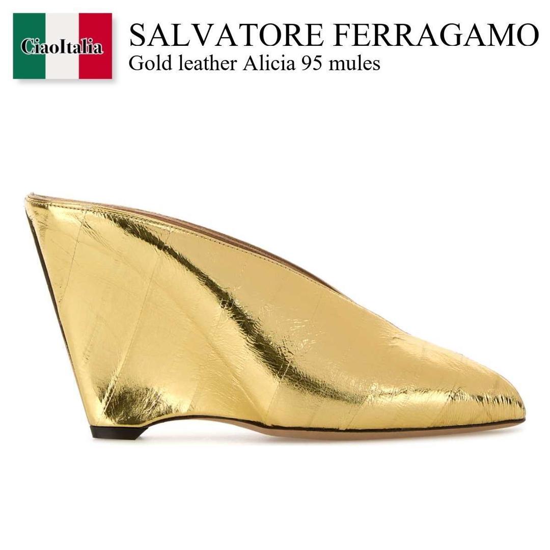 【数量限定・在庫限り・早い者勝ち！】 フェラガモ / Salvatore Ferragamo Gold Leather Alicia 95 Mules / 01L309 7900351C / 01L309 7900351C OROBISPLA / 01L3097900351C / 01L3097900351C OROBISPLA / 01L3097900351COROBISPLA / パンプス