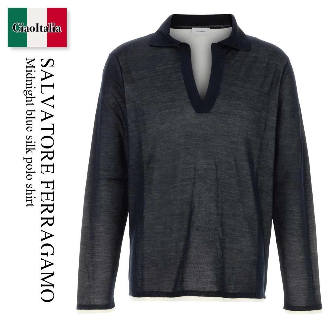 【寸法押さえる・店卸し資産境界線・早め者制覇！】 フェラガモ / Salvatore Ferragamo Midnight Blue Silk Polo Shirt / 145399 793168 / 145399 793168 NAVYWHITE / 145399793168 / 145399793168 NAVYWHITE / 145399793168NAVYWHITE / スポーツシャツ