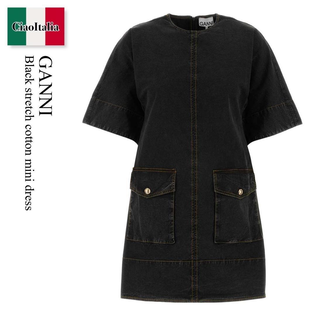 【分量制限事項・店卸し資産区分線・早め者勝利！】 ガニー / Ganni Black Stretch Cotton Mini Dress / W0793 / W0793 099 / W0793099 / 衣裳 ドレス-レディースファッション
