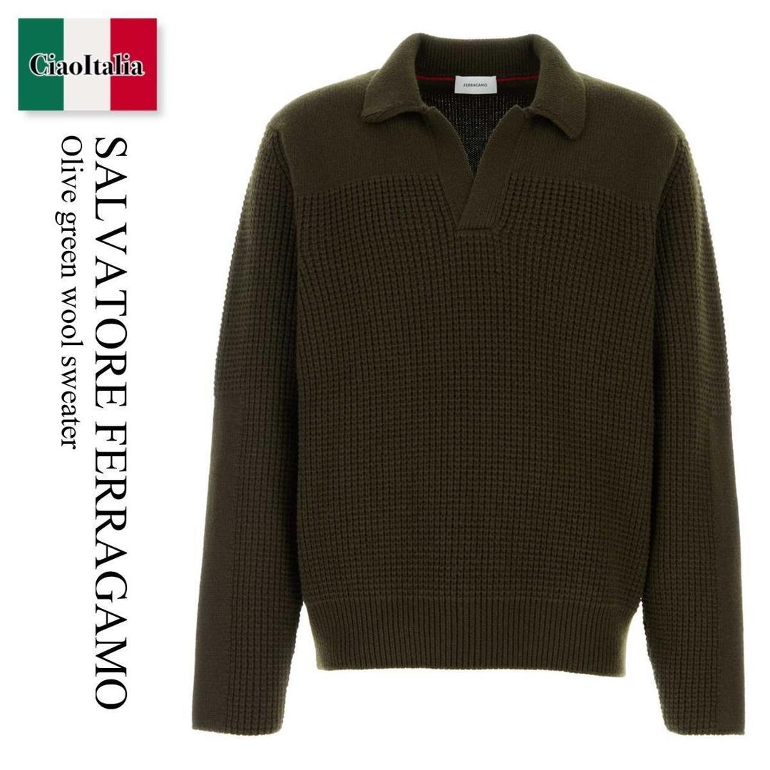 【分量制限事項・店卸し資産区分け・早め者白星！】 フェラガモ / Salvatore Ferragamo Olive Green Wool Sweater / 145786 796030 / 145786 796030 OLIVE / 145786796030 / 145786796030 OLIVE / 145786796030OLIVE / 編み物・スウェーター