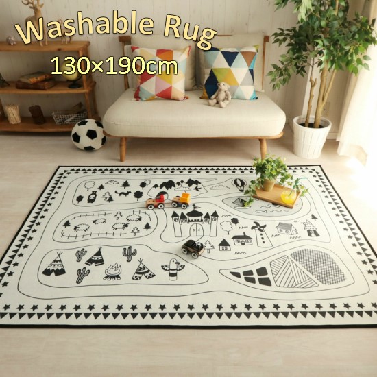 洗濯機で洗える ラグマット マップ柄 130×190cm 130×190 1.5帖 1.5畳 ラグ 洗濯機ＯＫ 洗える 長方形 インスタ映え お洒落 西海岸 シンプル 折りたたみ おしゃれ 北欧 ブルックリン ニューヨーク キッズ 子供部屋