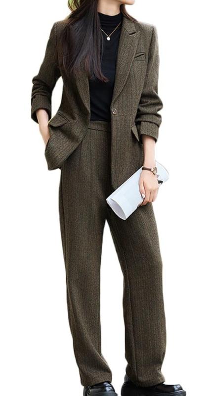 [ZHENGTU] CAIXINGYI レディース 上下 2点セット パンツスーツ ブレザー ストレートパンツ 春秋冬 長袖 無地 シンプル 着痩せ 上品 エレガント フォーマル オフィス 二次会 結婚式 パーティー 女子