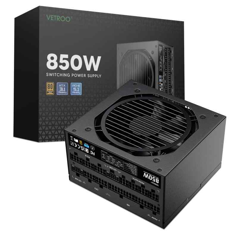 vetroo 850 w電源デュアルpcie 5.1 atx 3.1対応、80 plus goldフルモジュラー、静音動作、120mm fdbファン、10年-ブラック｜ciel-sora