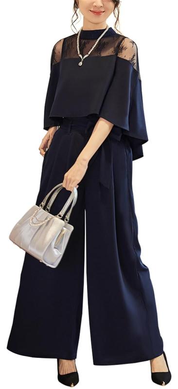 [ZHENGTU] パンツスーツ レディース セットアップ トップス+ワイドパンツ ブラウス フレア レース切り替え ズボン 上下 2点セット クルーネック 体型カバー セレモニー フォーマル 結婚式