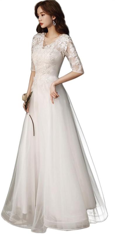 [YUANYUAN] CREAM ウェディングドレス レディース 結婚式ドレス パーティードレス ロングドレス 刺繍レース 袖あり 花嫁 二次会 プリンセス 発表会 お呼ばれ フォーマル ハイウエスト Aライン チ