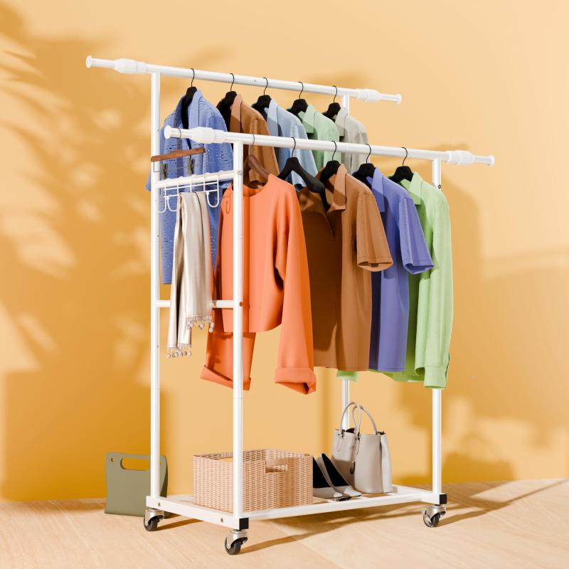PluieSoleil ハンガーラック 頑丈 2段 200kg耐荷重 伸縮ポール\u0026amp;収納ネット ストレッチ組立簡単 服掛け 大容量 ハンガーラック キャスター付き