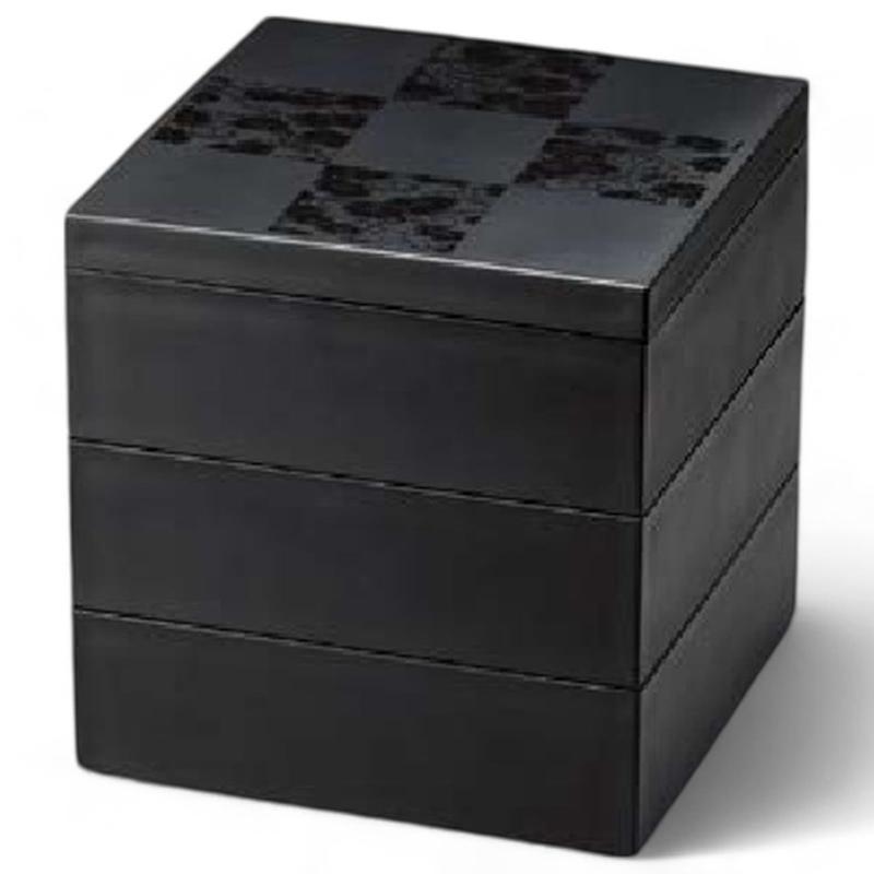 J-kitchens 塗師細工 重箱 彩雲市松 50 3段 重 黒 （1組) 15糎 脂製 お重 お重箱 日本製