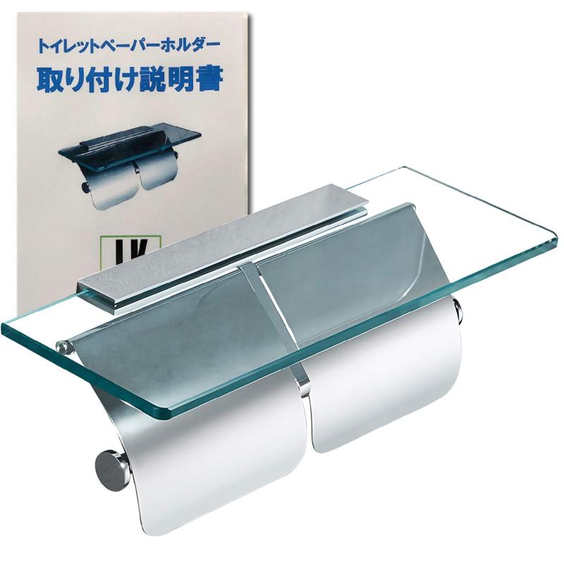 LK SHOP トイレットペーパーホルダー ガラス棚 2連タイプ ペーパーホルダー 棚付き