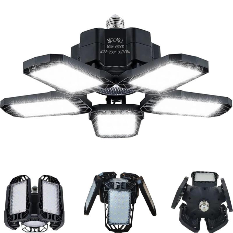 MGOXOガレージライトLEDシーリングライト 100W 6灯式 省エネ ペンダントライト ハイパワー 超高輝度6500K 昼白色 折りたたみ式 変形可能な 天井照明 カーポート、ワークショップ、パーキング、