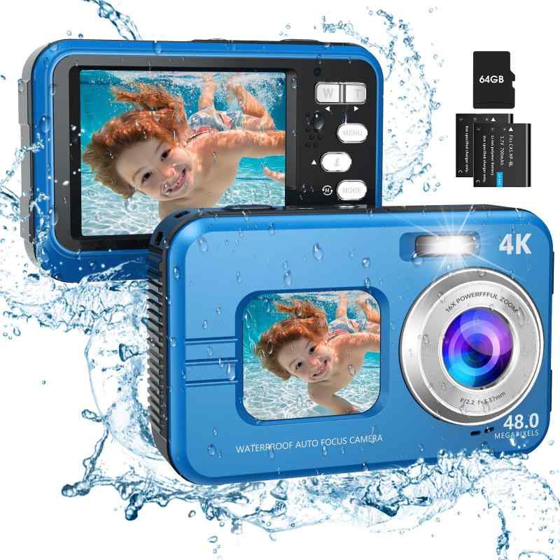 HICSHON 水中写真機 4Kオート興味の中心 雨合羽デジタル写真機 48MP 10フート 自撮りデュアル映写幕付き添い人 16倍デジタル望遠レンズ パウダーコンパクト携帯型雨合羽写真機 シュノーケリング ひと休み用