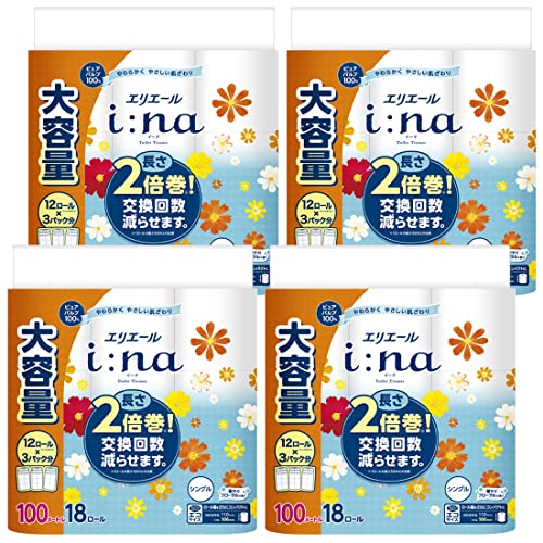 エリエール トイレットペーパー i:na(イーナ) 2倍巻き 100m×72ロール (18ロール×4パック) シングル パルプ100% 華やぐフ