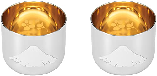 よこやま 日本製 100ml 感温 ぐい呑み お猪口 赤 富士 内面金メッキ (桜 柄入り) 2PC 燕熟の技 EJG-800｜Ciel de neige