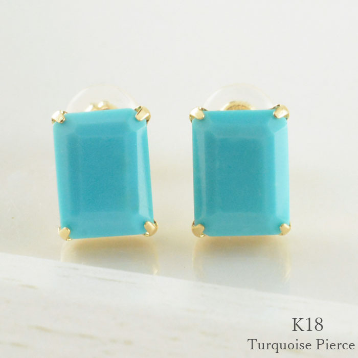 【10%OFFクーポン配布中】 18金 ピアス ターコイズ トルコ レディースピアス スタッドピアス 四角 長方形 シンプル ゴールド イエローゴールド レディース 18k バケットカット プレゼント キャッチ付 華奢 母の日 誕生日