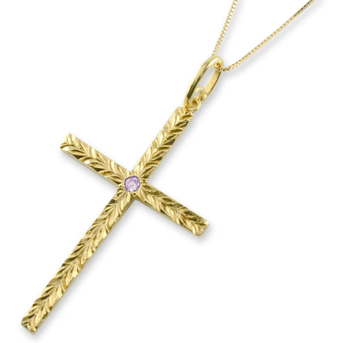 【ポイント10倍】 k18 ネックレス ハワイアンジュエリー クロス ゴールド 18k 18金 イエロ?ゴールド マイレ アメジスト ハワイアン 彫金 ペンダント 天然石 誕生石 十字架 葉 母の日 誕生日