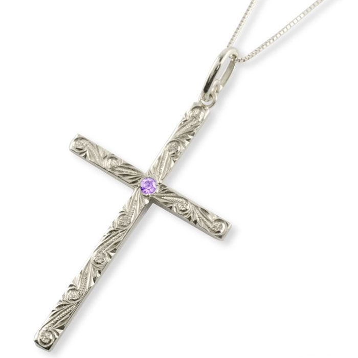 【ポイント10倍】 k18 ネックレス ハワイアンジュエリー クロス アメジスト ゴールド 18k 18金 ホワイトゴールド ハワイアン スクロール 彫金 ペンダント 天然石 誕生石 十字架 波 母の日 誕生日