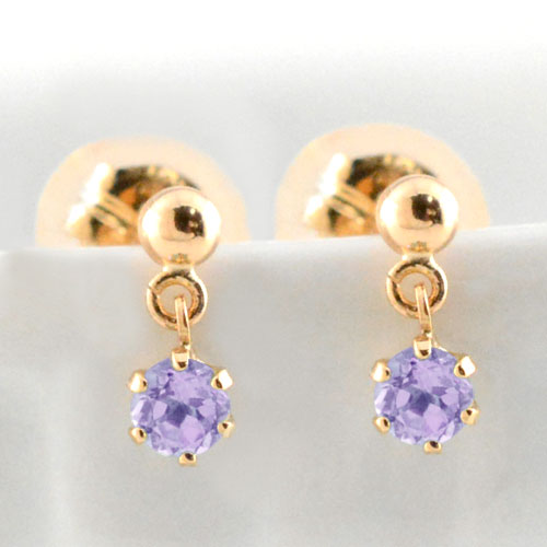 18金 ピアス アメジスト ピンクゴールド k18 レディース スタッドピアス ブラ 揺れる 18k 一粒 ジュエル プチピアス 2月の誕生石 天然石 2.5mm 納期1週間｜シエロブルー