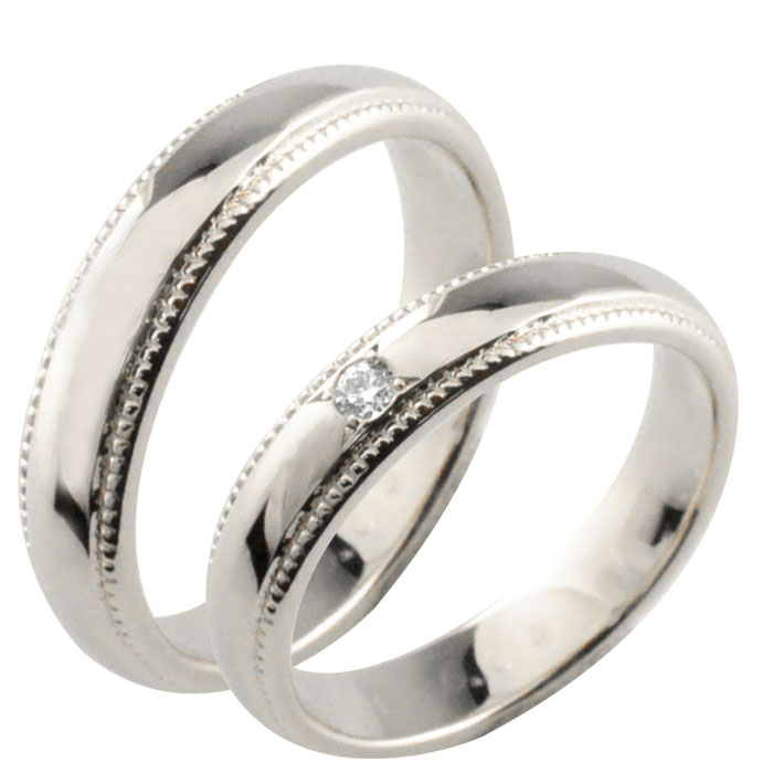 K18 ペアリング 4mm リング 彫金 ダイヤモンドk18 ミル打ち ホワイトゴールド 甲丸リング ダイヤモンド ミルウチ 指輪