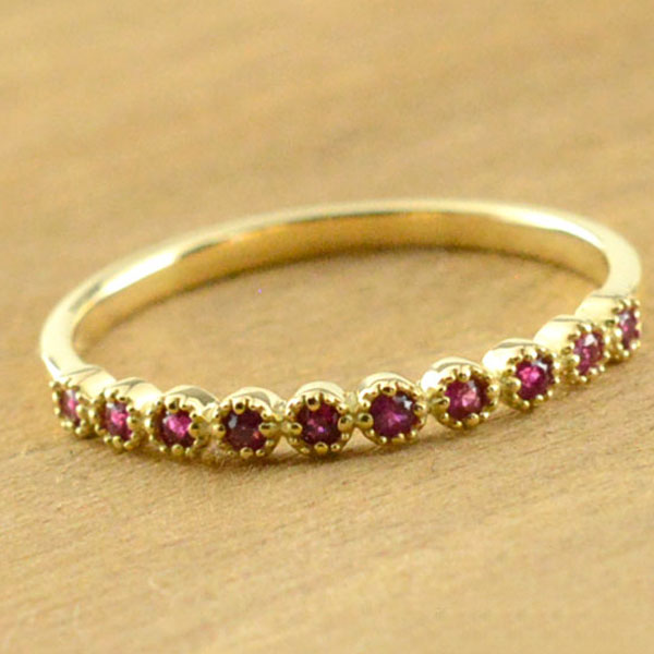 ルビー リング 指輪 k18 ゴールド エタニティ ミルウチ ピンキーリング ハーフエタニティ 18k 18金 重ねづけ 華奢 レディース 7月誕生石 天然石 赤 クラシカル|シエロブルー
