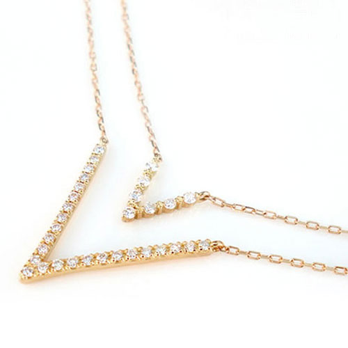 k18 ネックレス ダイヤモンド 2連 レディース ペンダント ピンクゴールド ダイヤ 18k 18金 pendant Vライン 華奢 シンプル 記念 誕生日 ライン スキンジュエリー 母の日 誕生日