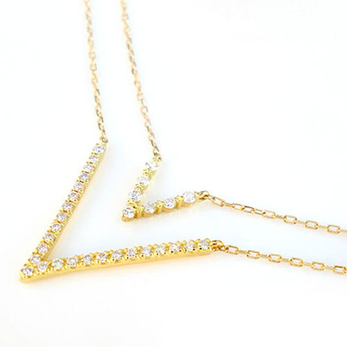 k18 ネックレス ダイヤモンド 2連 レディース ペンダント イエローゴールド ダイヤ 18k 18金 pendant Vライン 華奢 シンプル 記念 誕生日 ライン スキンジュエリー 母の日 誕生日