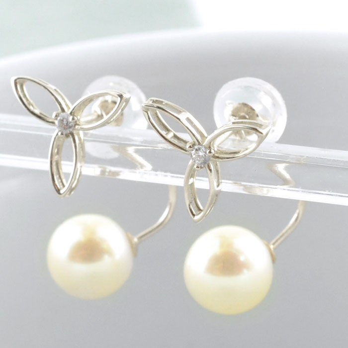 【10%OFFクーポン配布中】 10金 ピアス パール 天然ダイヤモンド K10 10K 2way フラワー ゴールド 真珠 淡水 ホワイトゴールド 華奢 シンプル 輝き 母の日 誕生日