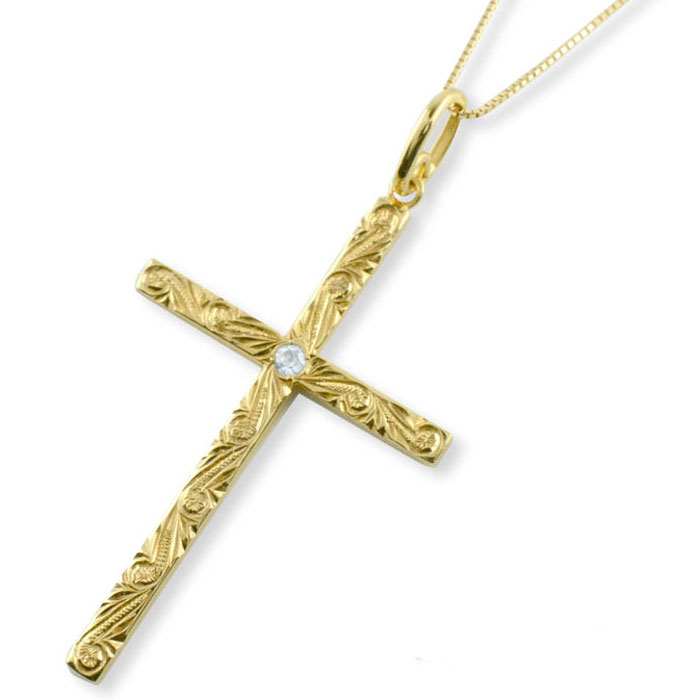 【ポイント10倍】 k18 ネックレス ハワイアンジュエリー アクアマリン クロス ゴールド 18k 18金 イエローゴールド ハワイアン スクロール 彫金 ペンダント 天然石 誕生石 3月 十字架 波 母の日 誕生日