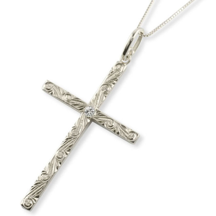 【10%OFFクーポン配布中】 k18 ネックレス ハワイアンジュエリー ダイヤモンド クロス ゴールド 18k 18金 ホワイトゴールド ハワイアン スクロール 彫金 ペンダント 天然石 誕生石 4月 十字架 波 母の日 誕生日