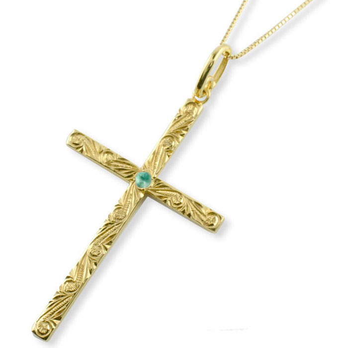 【ポイント10倍】 k18 ネックレス ハワイアンジュエリー エメラルド クロス ゴールド 18k 18金 イエローゴールド ハワイアン スクロール 彫金 ペンダント 天然石 誕生石 5月 十字架 波 母の日 誕生日