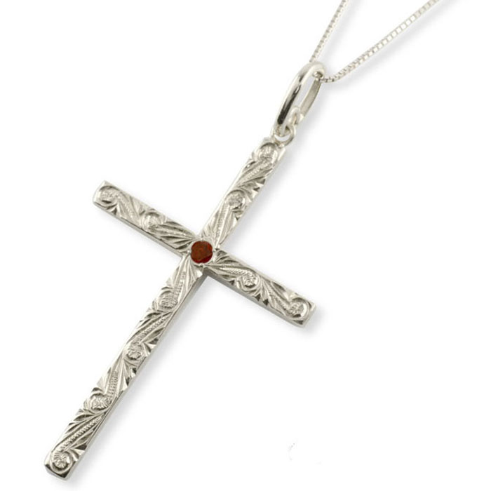 【ポイント10倍】 k18 ネックレス ハワイアンジュエリー ガーネット クロス ゴールド 18k 18金 ホワイトゴールド ハワイアン スクロール 彫金 ペンダント 天然石 誕生石 1月 十字架 波 母の日 誕生日