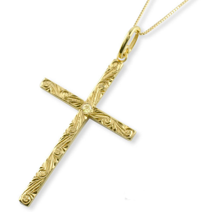 【ポイント10倍】 k18 ネックレス ハワイアンジュエリー ペリドット クロス ゴールド 18k 18金 イエローゴールド ハワイアン スクロール 彫金 ペンダント 天然石 誕生石 8月 十字架 波 母の日 誕生日