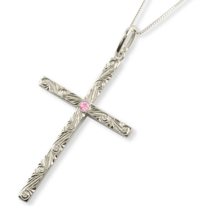 【ポイント10倍】 k18 ネックレス ハワイアンジュエリー ピンクサファイア クロス ゴールド 18k 18金 ホワイトゴールド ハワイアン スクロール 彫金 ペンダント 天然石 誕生石 9月 十字架 波 母の日 誕生日