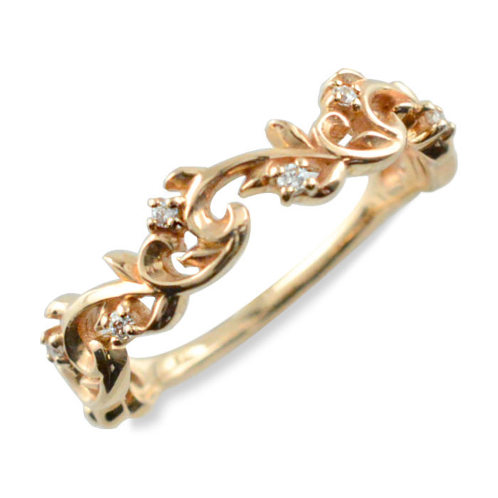 k18 リング ダイヤモンド 指輪 18金 アラベスク ピンクゴールド アンティーク リーフ ツタ ゴールド 18k 重ねづけ 華奢 レディース 天然石 母の日 誕生日