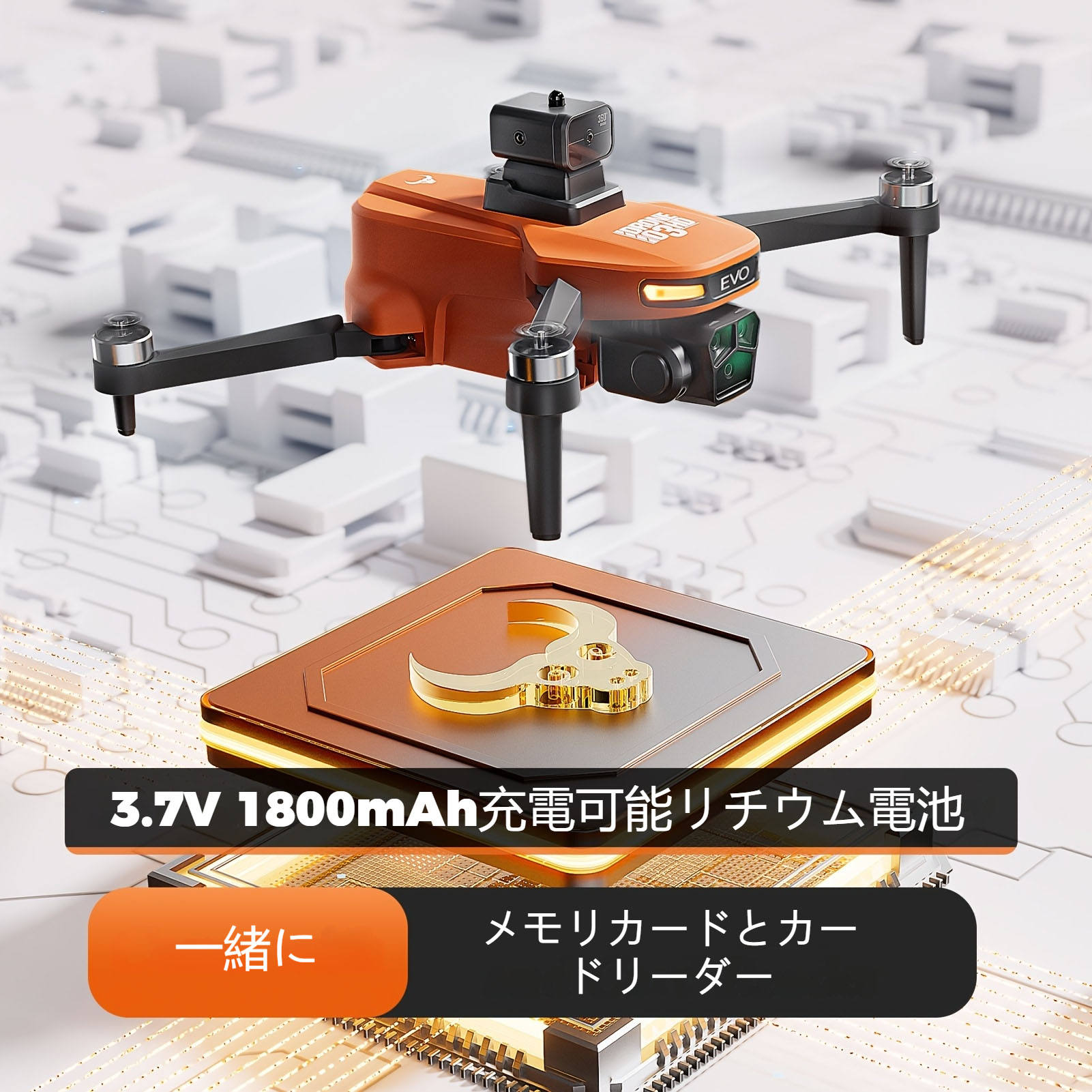 ブラシレスドローン。画面付きリモートコントローラー付き。64G メモリーカード＋カードリーダー付き。EIS（電子式デジタル手ブレ補正）による安定化機能、リアルタイム画像伝送、360° ロール機能、長時間飛行可能、ヘッドレスモード搭載。ギフトにも最適です