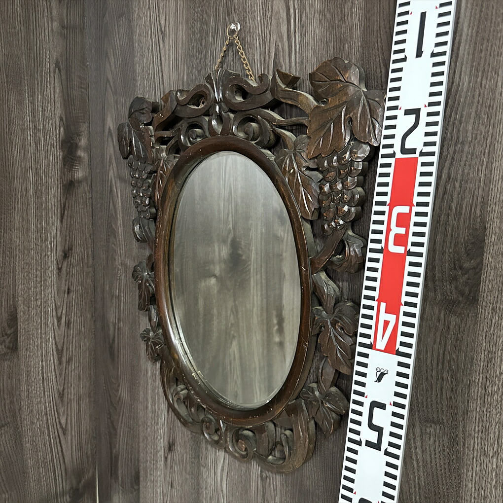 木彫　壁掛けミラー 葉とブドウのデザイン 木彫 壁掛けミラー 葉とブドウのデザイン 木彫りの鏡 ぶどう | 木を彫る