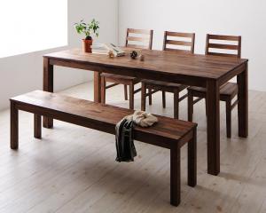 【上品家具】 ダイニングセット（テーブル&ベンチ チェア） 総無垢材ワイドダイニング 5人 5点セット(テーブル+チェア3脚+ベンチ1脚) ウォールナット 板座 W180